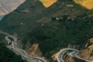 Winding switchback mountain road on the Ha Giang Loop, northern Vietnam